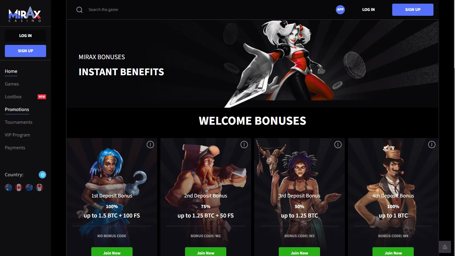 Mirax Casino promotions interface on desktop
