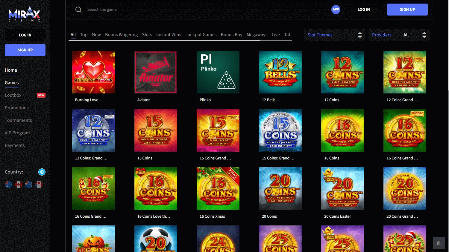 Mirax Casino games interface on desktop