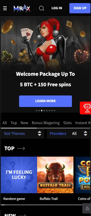 Mirax Casino home interface on a mobile device
