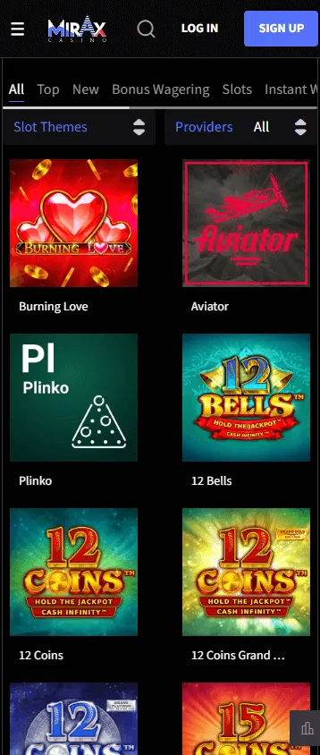 Mirax Casino games interface on a mobile device