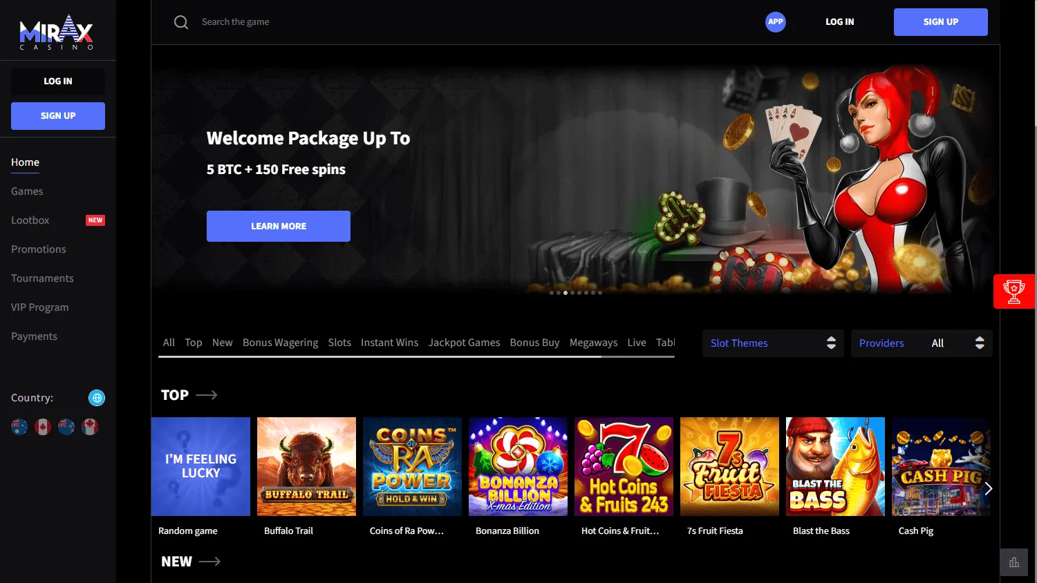 Mirax Casino home interface on desktop